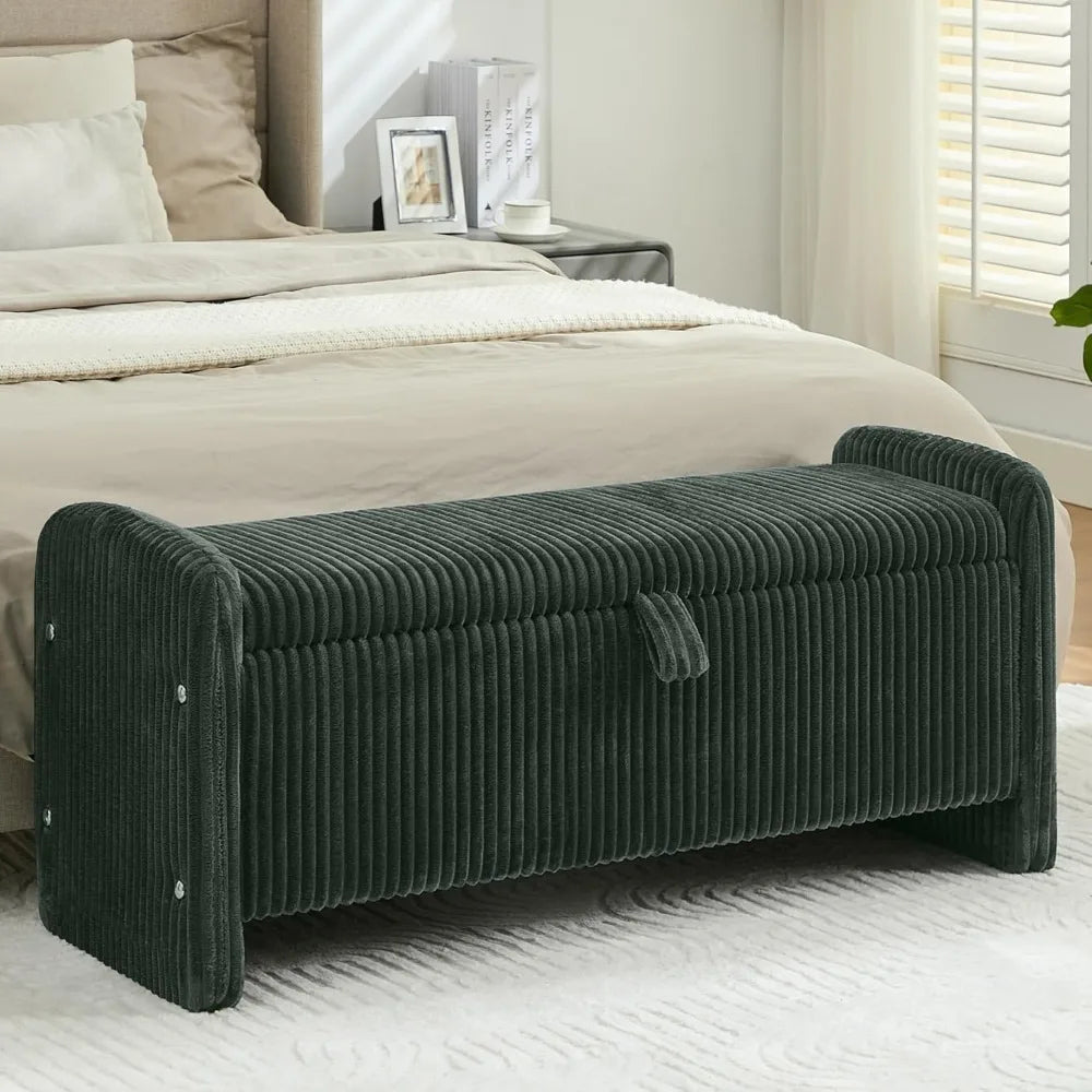 Corduroy Storage Ottoman Bench With Safety Hinge For Bedroom