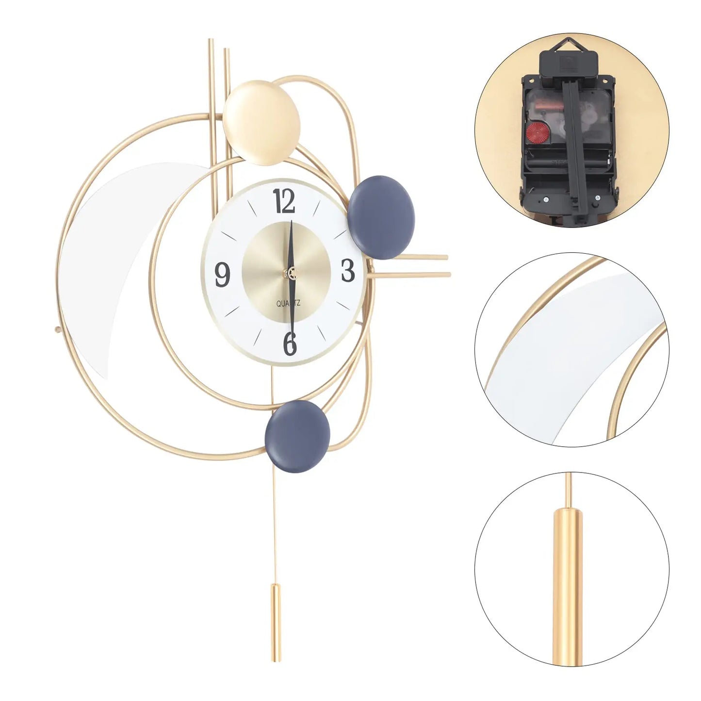 Modern Metal Wall Clock With Silent Quartz Movement And Pendulum