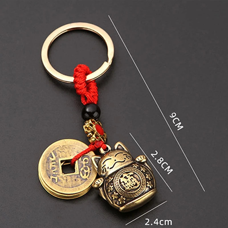 Handmade Lucky Cat Keychain With Feng Shui Five Emperors Coins
