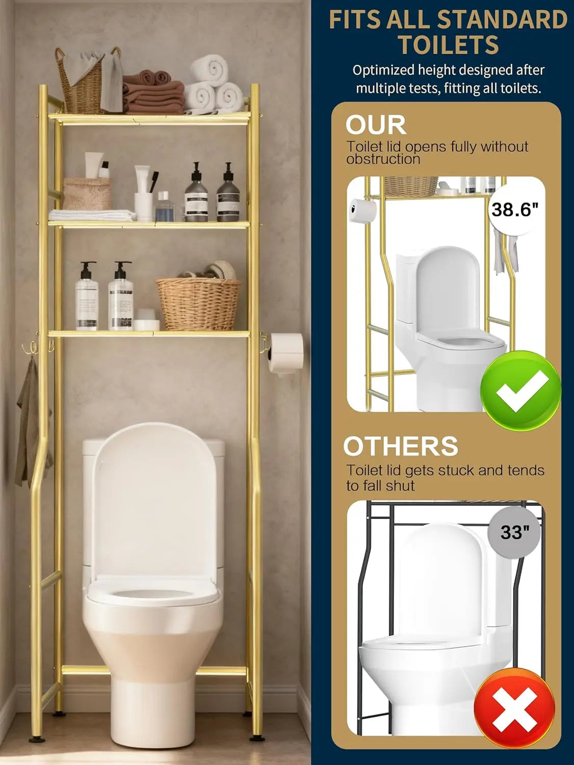 Three-Tier Over The Toilet Storage Rack With Hooks