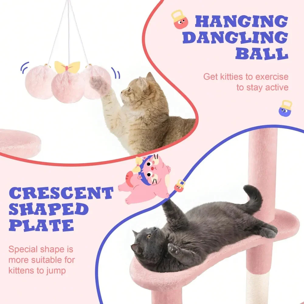 55.5 In Cat Tree For Indoor Kitties, Soft Plush Perches, MultiLevel Cat Tower, Sisal ching Posts, Crescent Plates, Round J