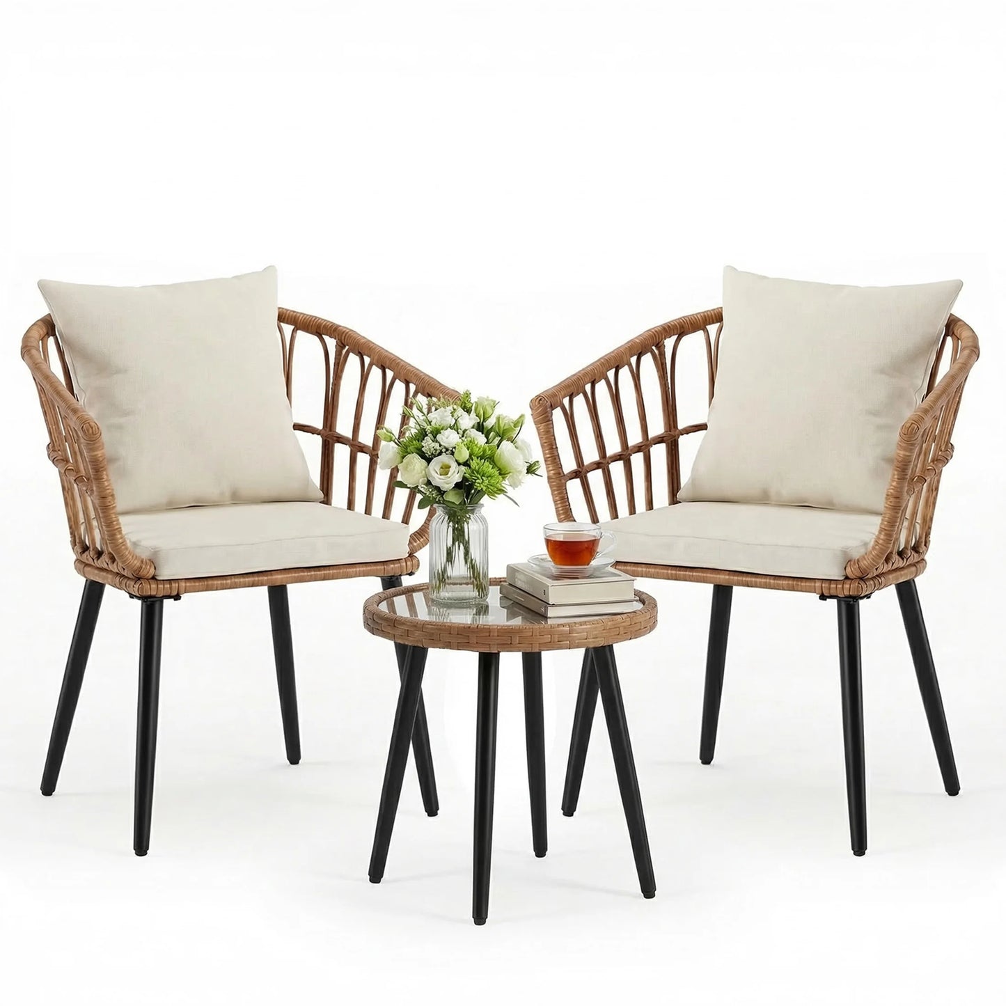 Wicker Patio Outdoor Set With Cushions And Glass Table