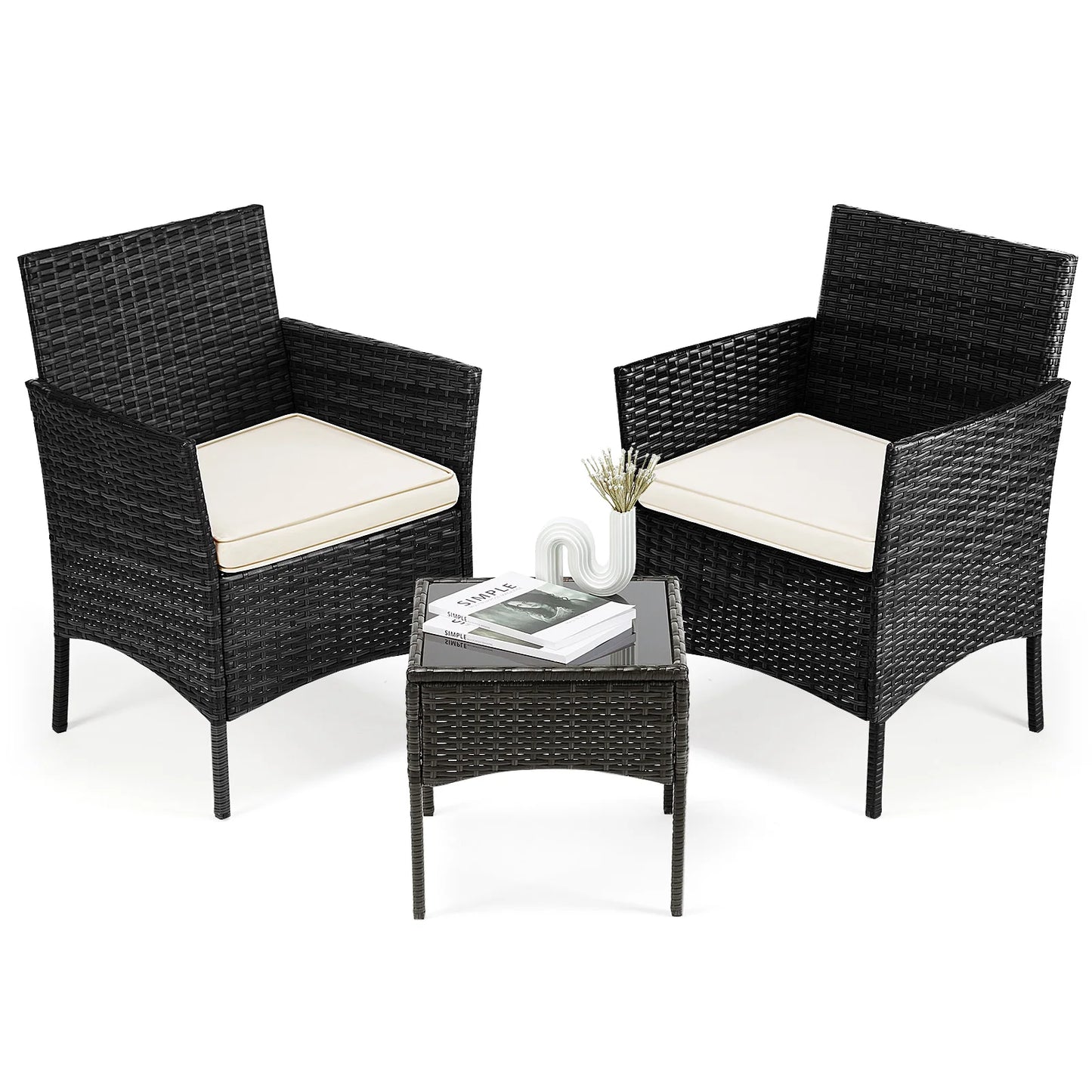 JHK Outdoor 3 Piece Wicker Rattan Patio Furniture Set With Glass Table