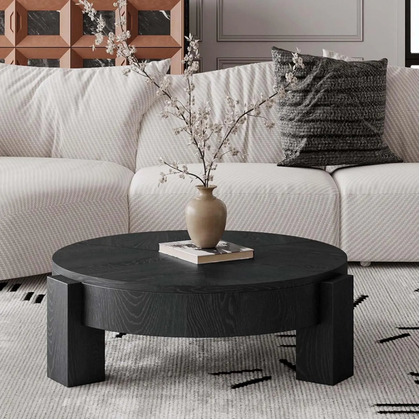 Folded Round Coffee Table With Hidden Storage And 3 Block Legs