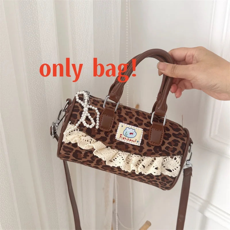 Korean Bow Polka Dot Bag Fashion Bowler Bag Color-blocked Lace Y2k Style Handbag Retro Sweet Plaid Crossbody Zipper Shoulder Bag
