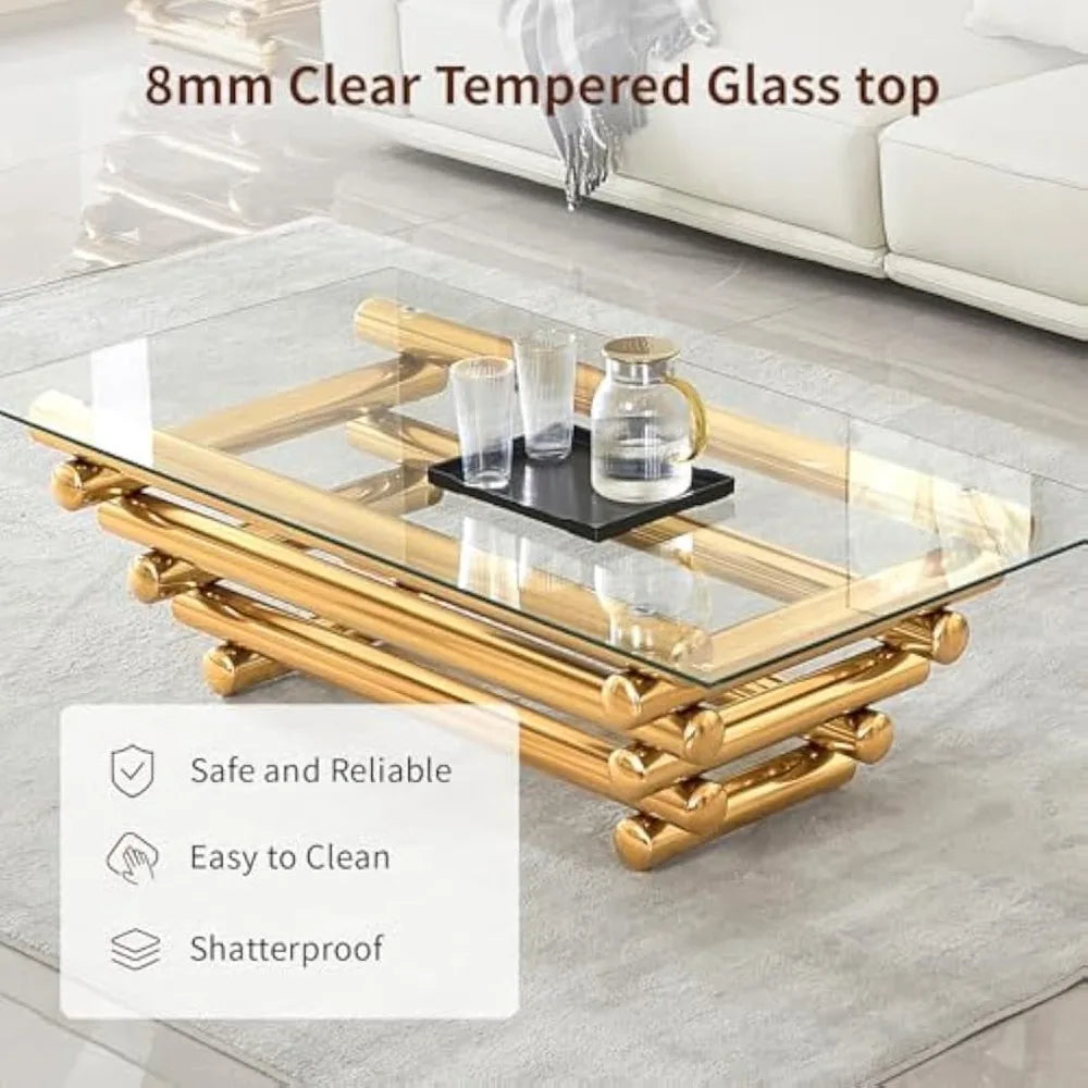 Rectangular Tempered Glass Coffee Table With Stainless Steel Legs