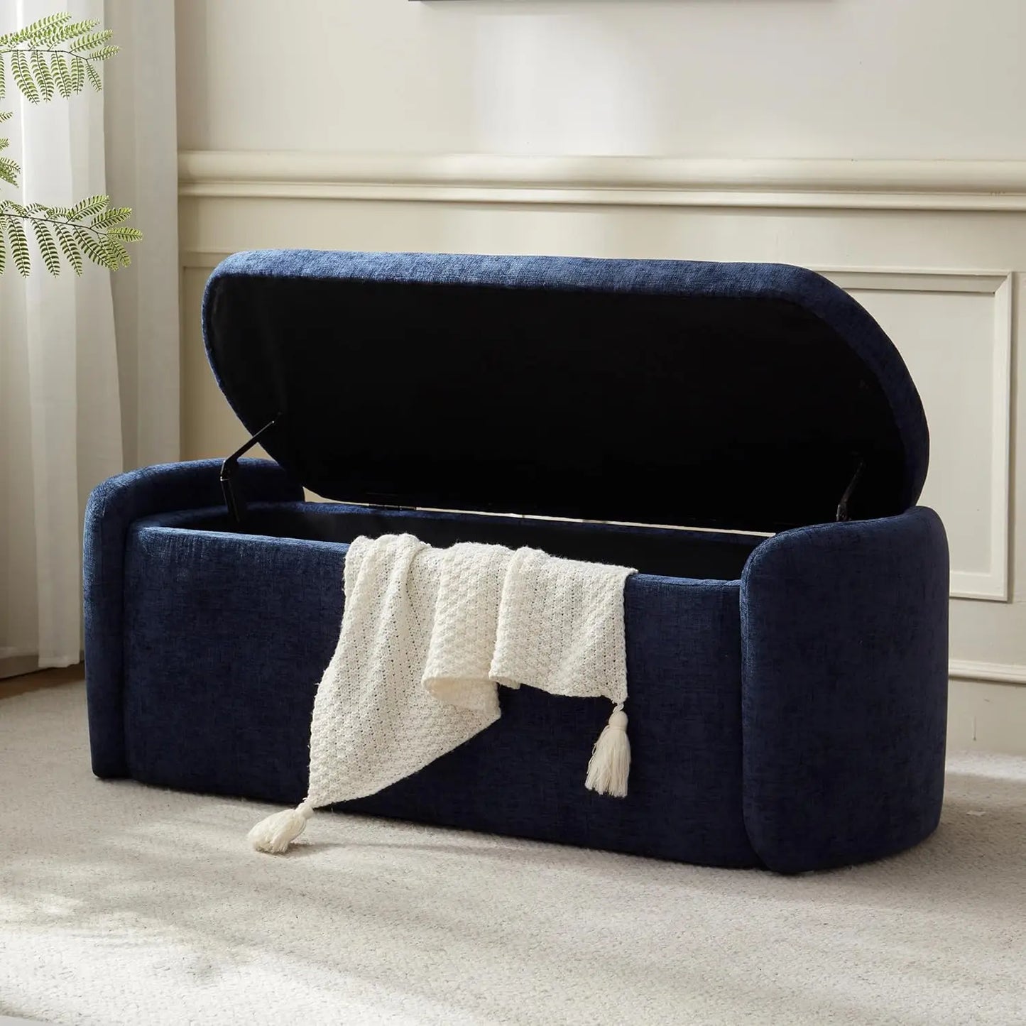 Oval Storage Ottoman Bench Chenille Upholstered End of Bed