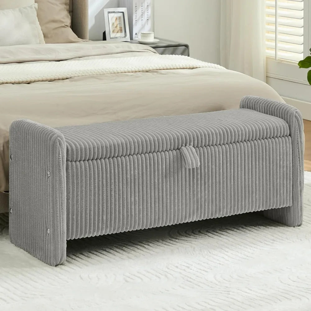 Corduroy Storage Ottoman Bench With Safety Hinge For Bedroom