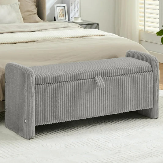 Corduroy Storage Ottoman Bench With Safety Hinge For Bedroom