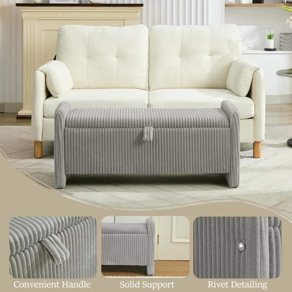 Corduroy Storage Ottoman Bench With Safety Hinge For Bedroom