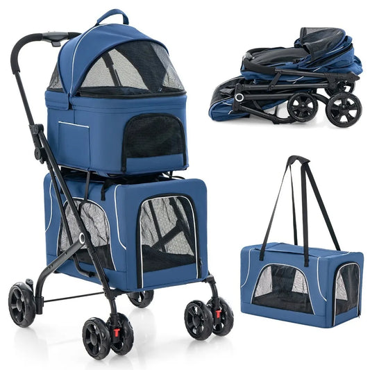 Double Pet Stroller For Two Pets With Detachable Carriers
