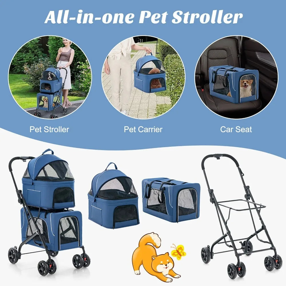 Double Pet Stroller For Two Pets With Detachable Carriers