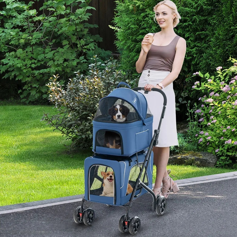 Double Pet Stroller For Two Pets With Detachable Carriers