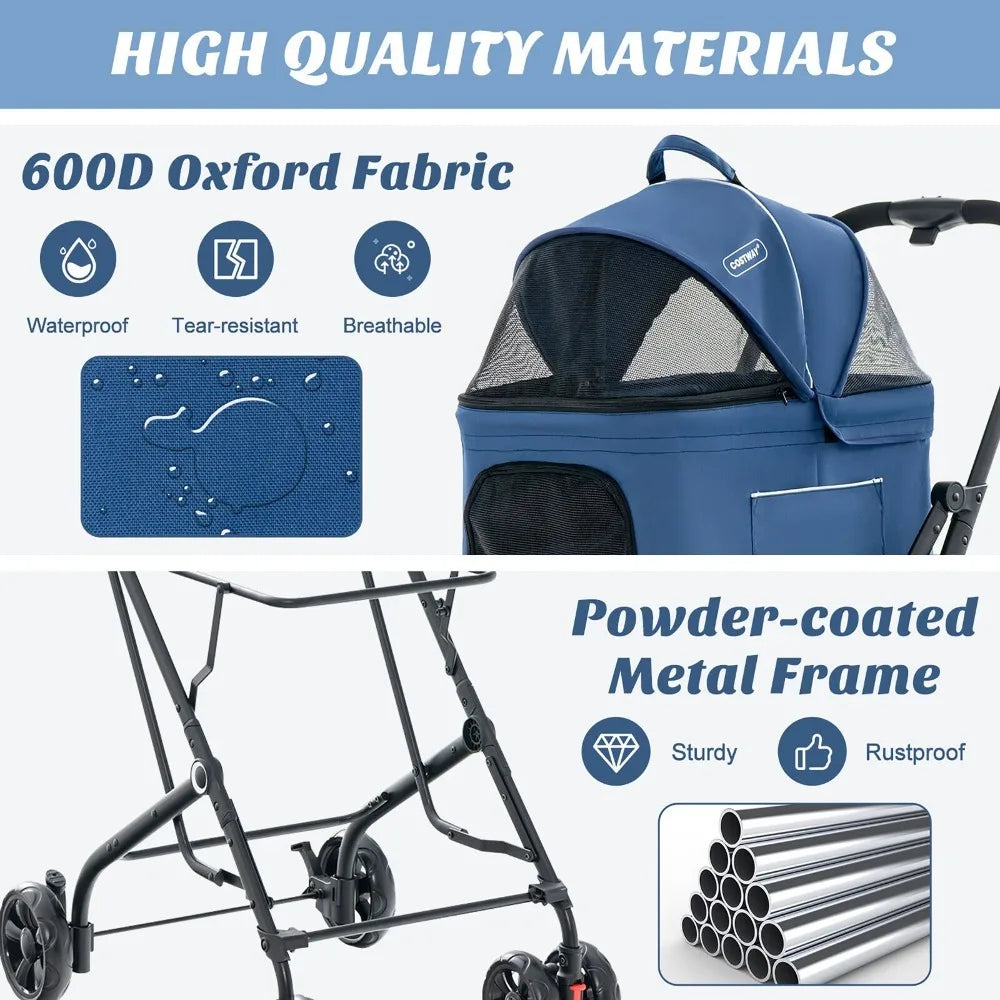 Double Pet Stroller For Two Pets With Detachable Carriers