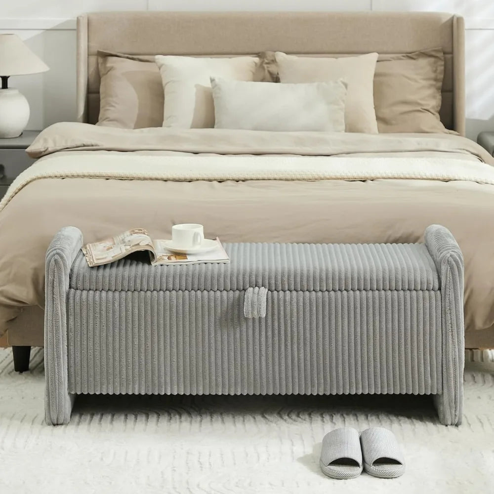 Corduroy Storage Ottoman Bench With Safety Hinge For Bedroom