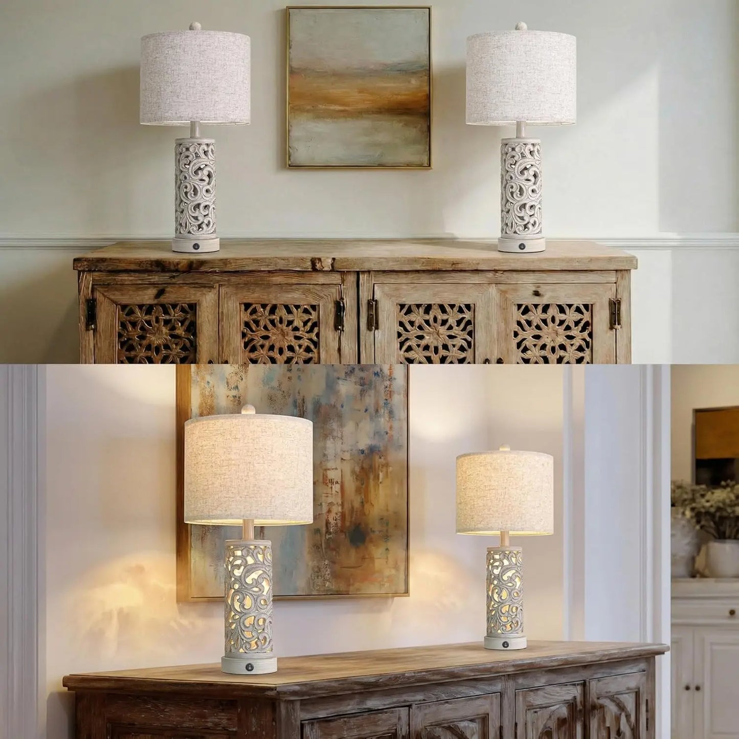 Farmhouse Table Lamps Set Of 2 With USB Ports And Night Light Vintage Style