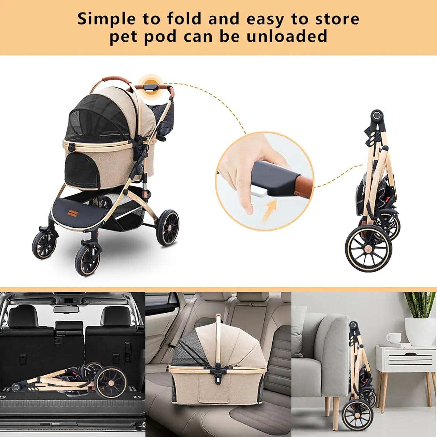 4 Wheel Folding Pet Stroller With Removable Carrier
