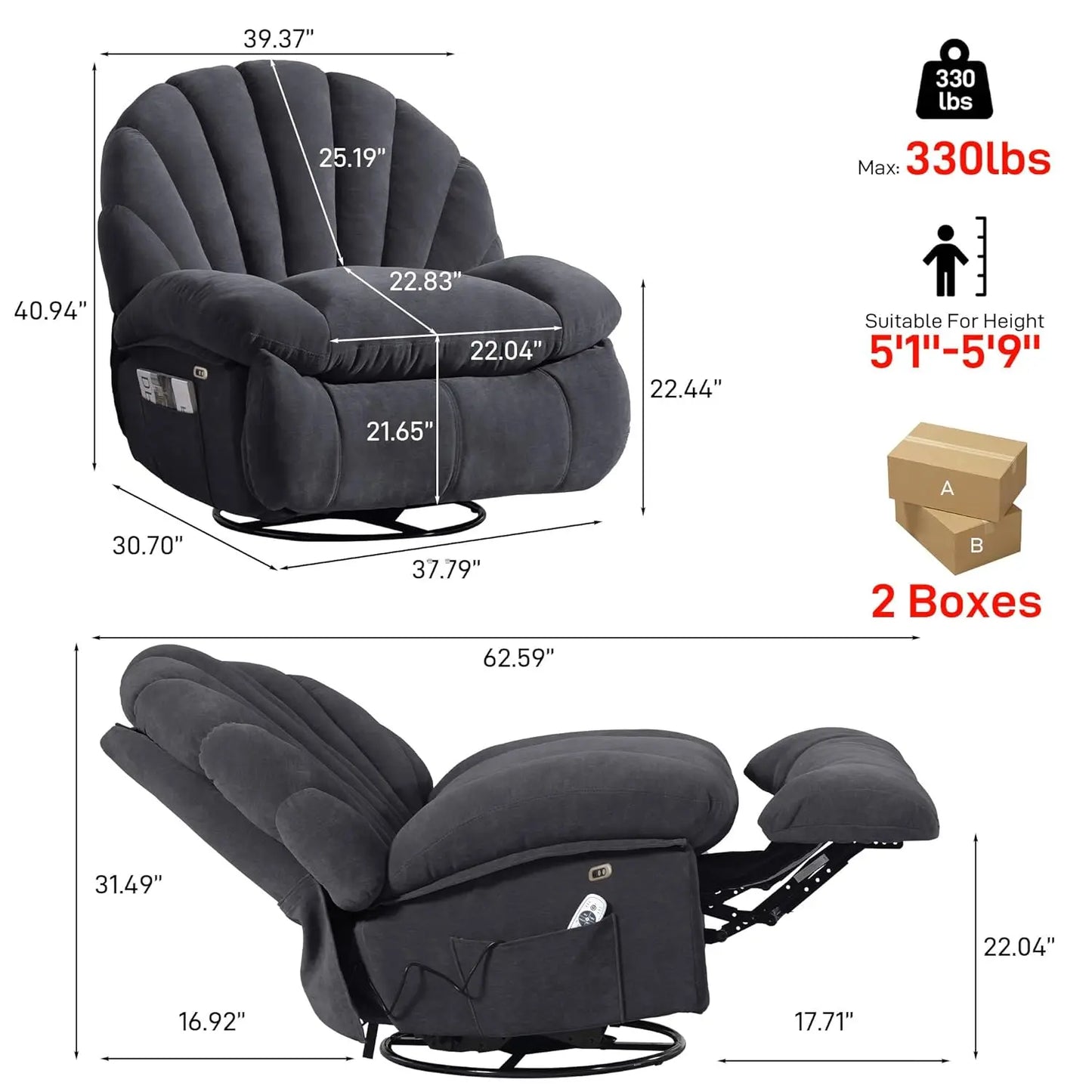 Power Swivel Recliner Chair With Soft Fabric Shell Storage