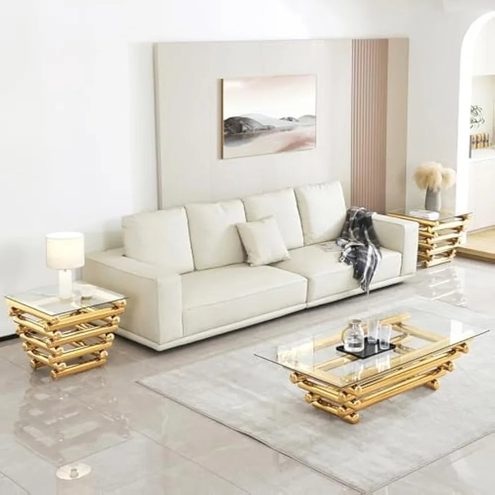Rectangular Tempered Glass Coffee Table With Stainless Steel Legs