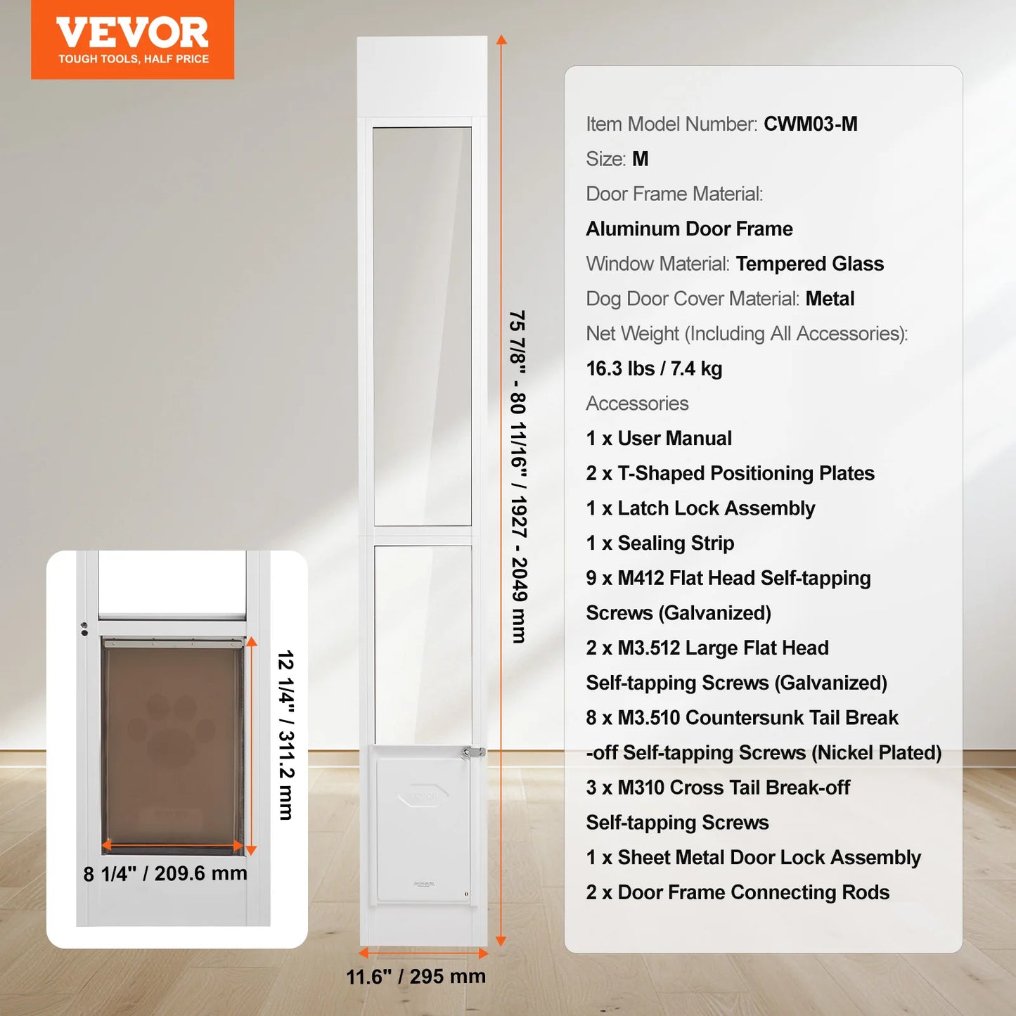 NONEDog Door Sliding Glass Dog Door With Adjustable Height Aluminum Frame