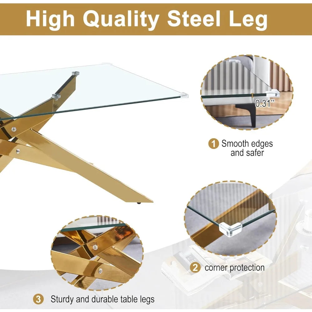 Tempered Glass Coffee And End Tables Set With Geometric Legs