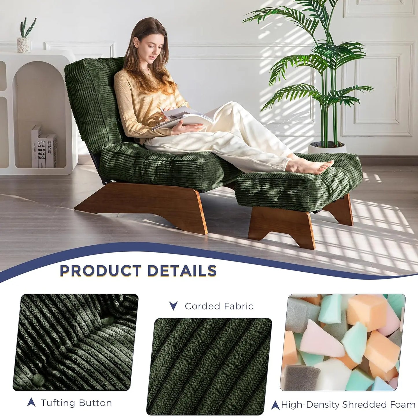 Accent Chair With Ottoman Adjustable Backrest Tufted Upholstered Lounge Footrest