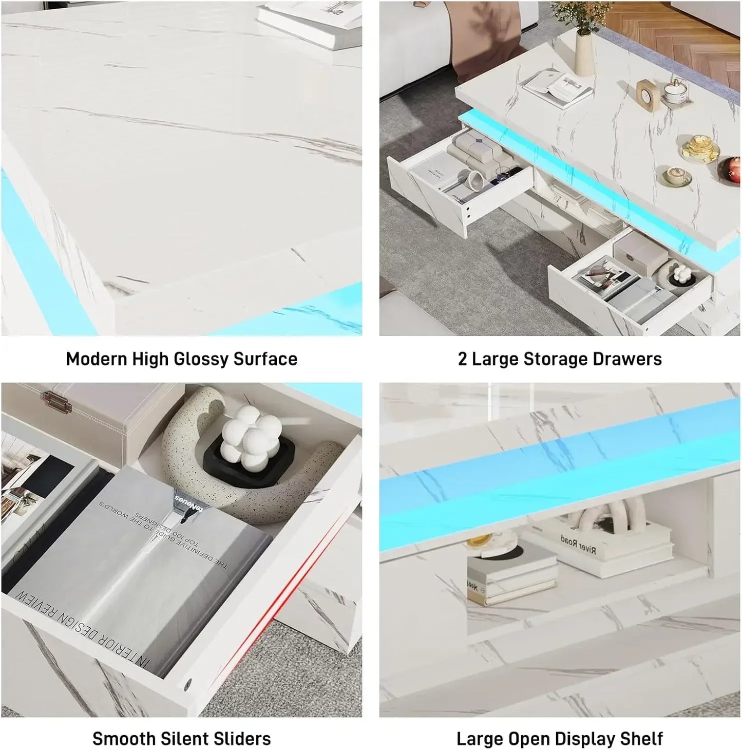 Modern LED Coffee Table With 2 Sliding Drawers And Lighting