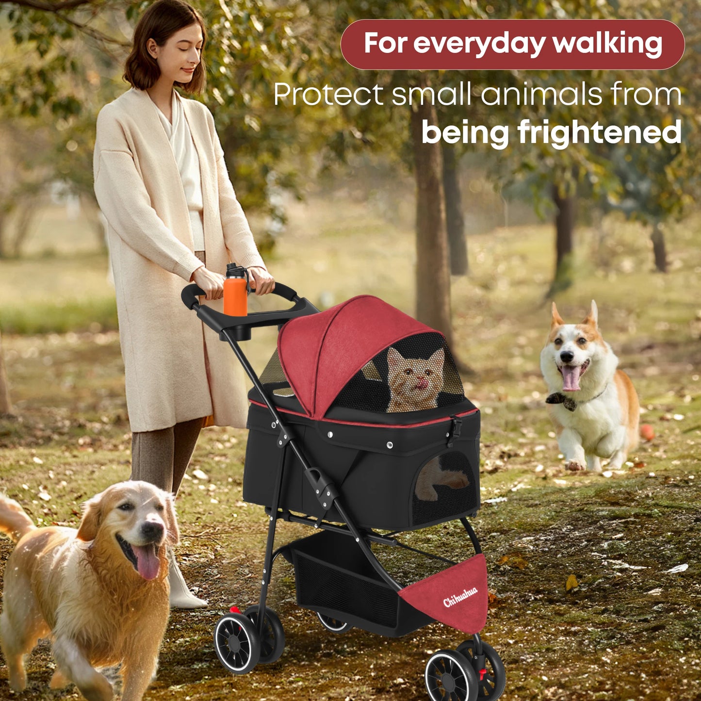 Chihuahua Pet Stroller Three Wheel Foldable Breathable Mesh