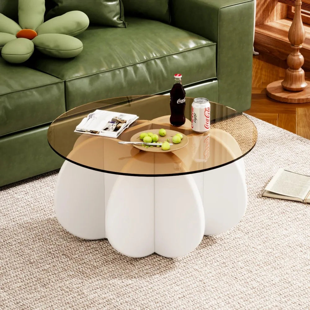 RBXC Mid-Century Modern Round Glass Coffee Table for Living Room