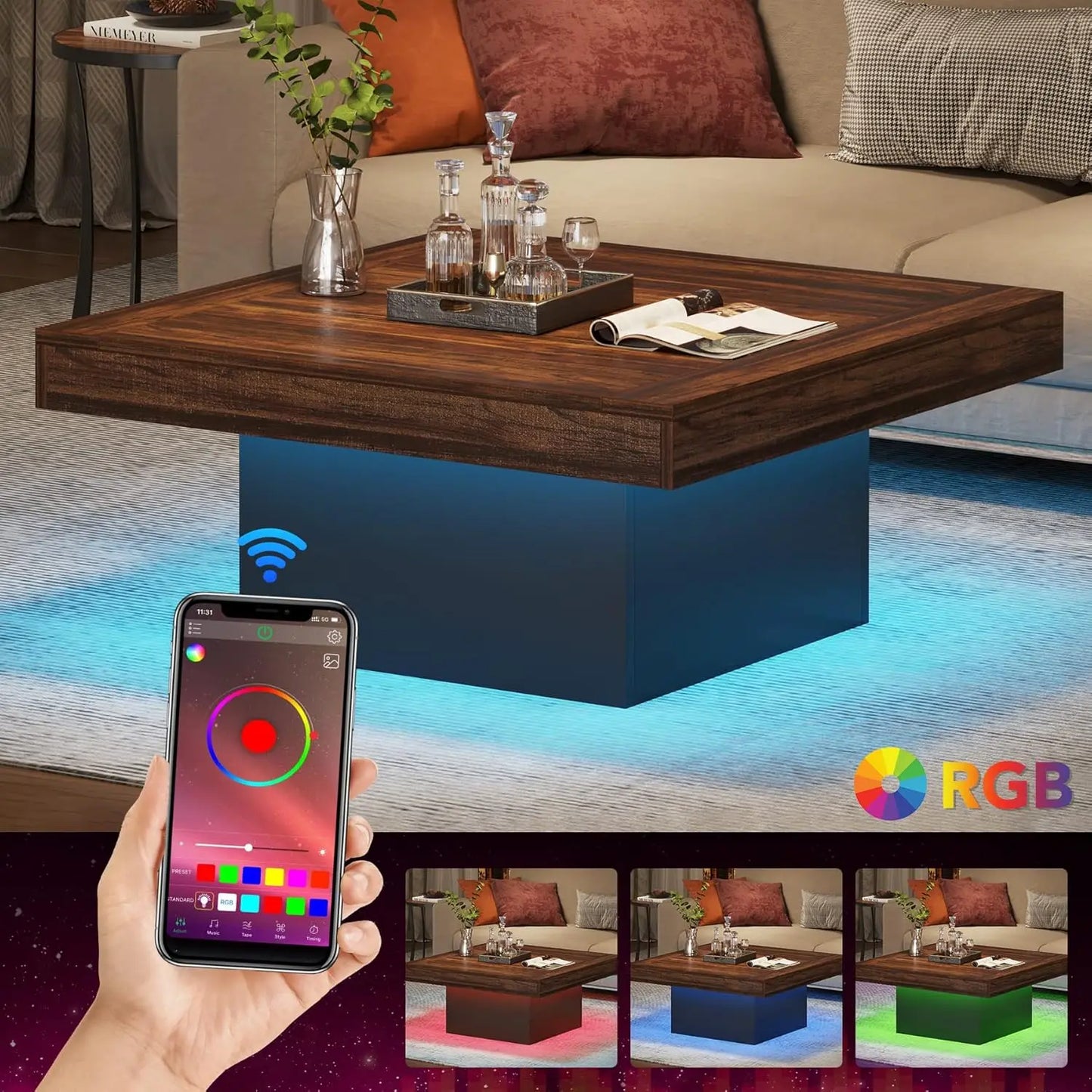 LED Square Coffee Table With Engineered Wood Modern Living Room
