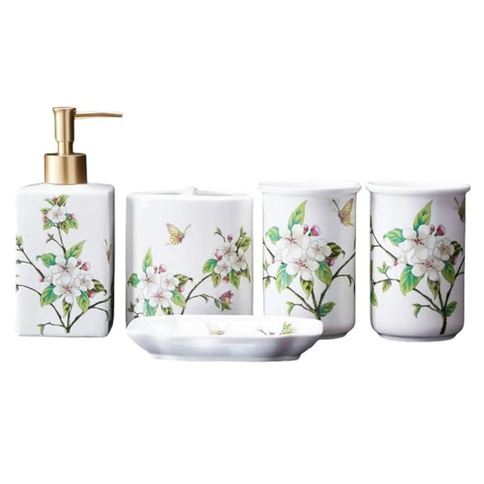 Ceramic Bath Accessory Set Soap Dispenser Cup Holder Tray Organizer