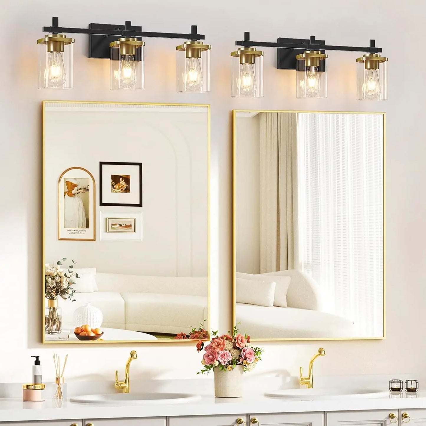 Modern Black And Gold Vanity Bathroom Light Fixture With Square Glass Shade