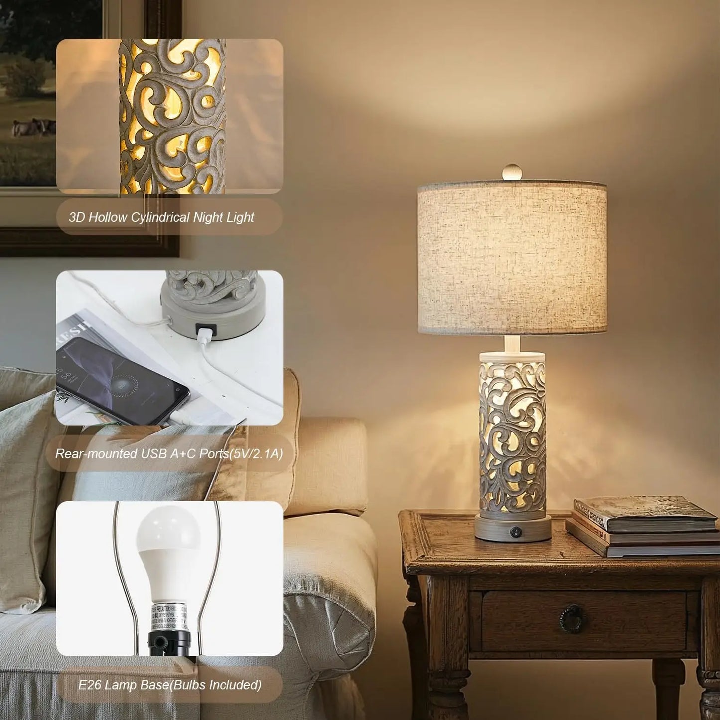 Farmhouse Table Lamps Set Of 2 With USB Ports And Night Light Vintage Style
