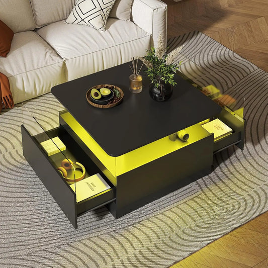 Square Coffee Table With LED Storage And Two Drawers