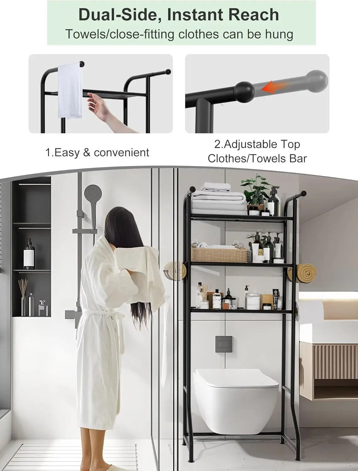 3-Tier Over The Toilet Storage Shelf With Hooks