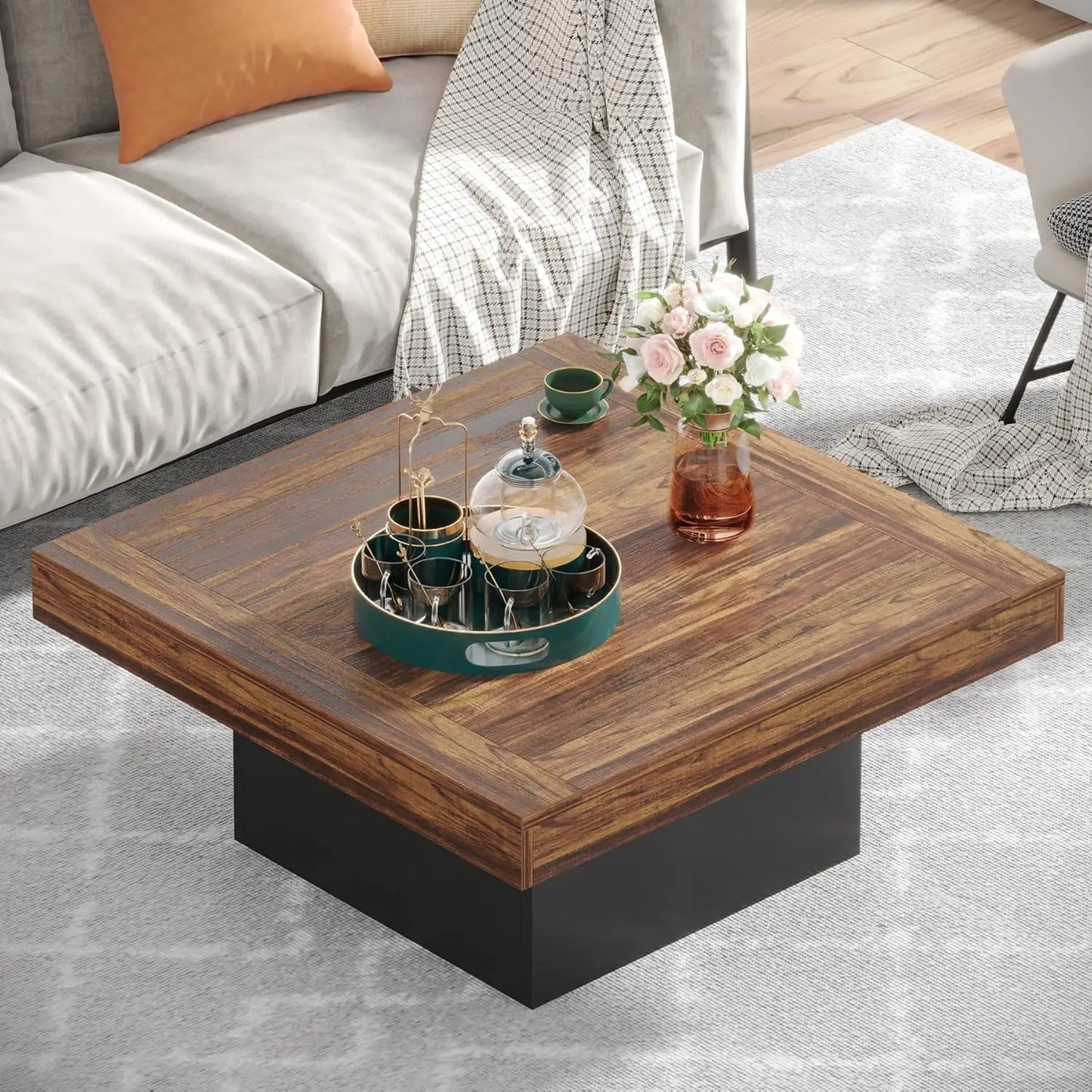 LED Square Coffee Table With Engineered Wood Modern Living Room