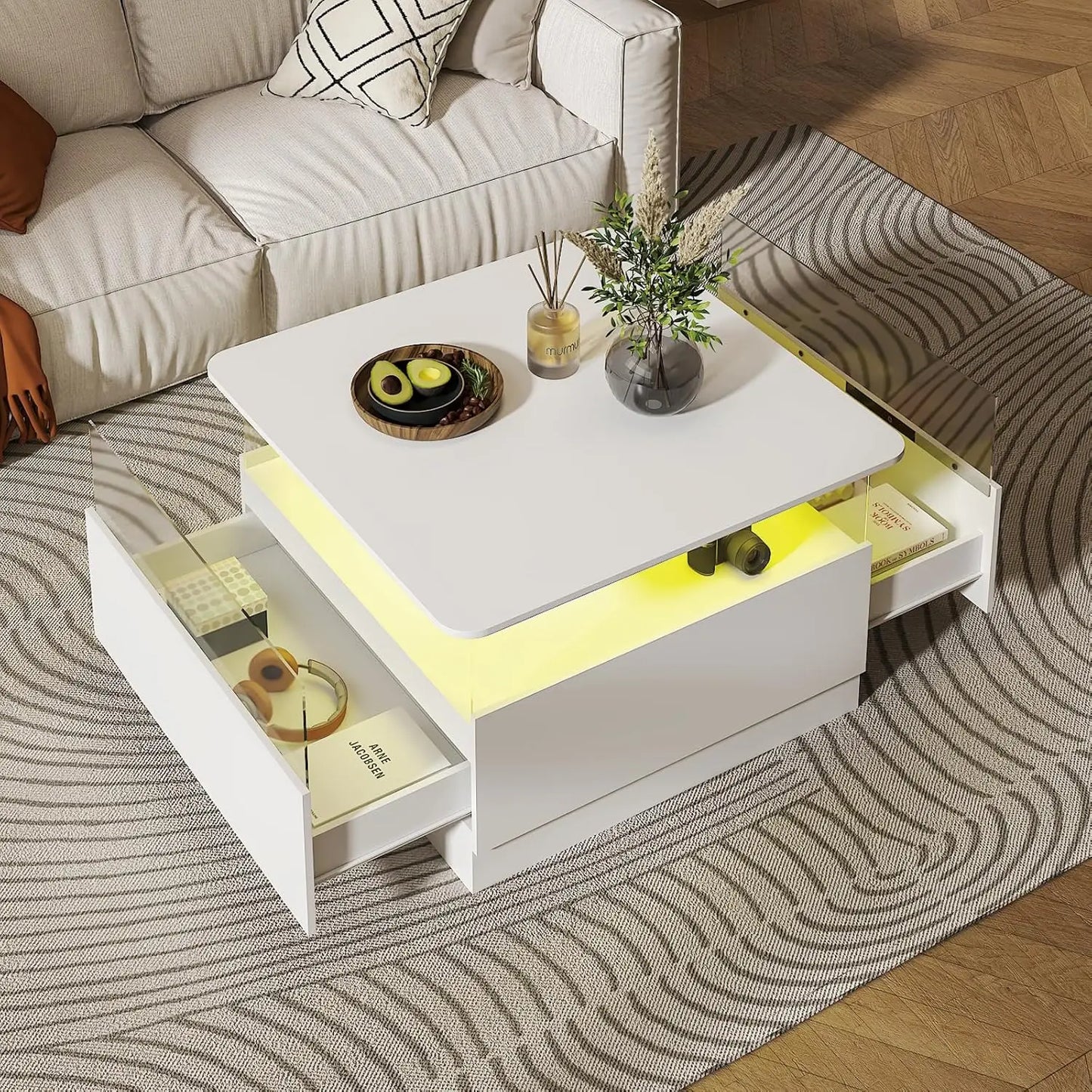 Square Coffee Table With LED Storage And Two Drawers