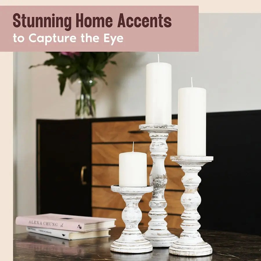 Rustic Farmhouse Pillar Candle Holders Set For Table Centerpieces Decor