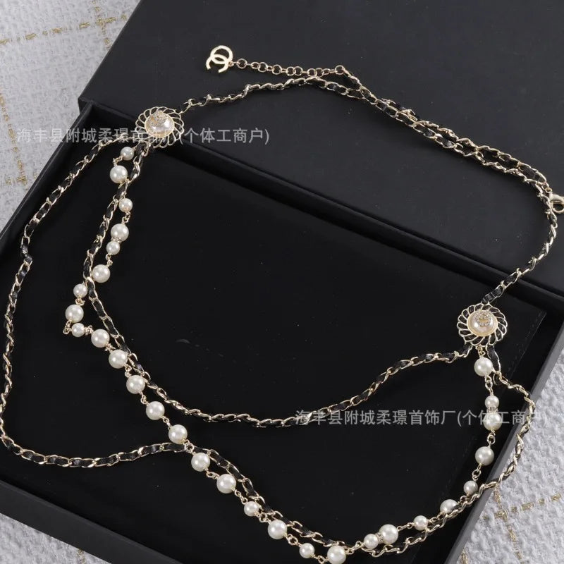 Double C Pearl Sweater Chain Small Fragrant Style High Version Peach Heart Long Tassel Necklace Women's High-end Accessories Wom