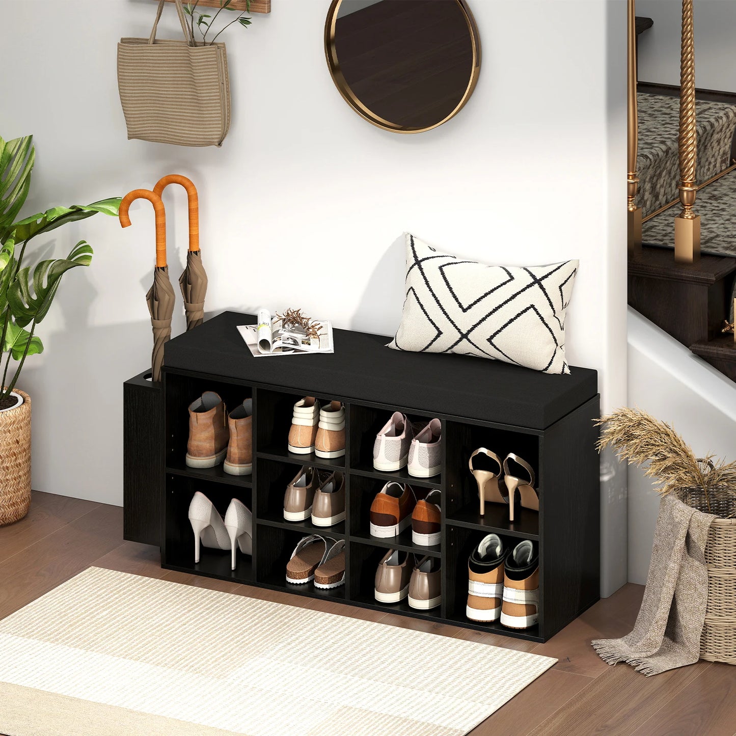 HOMASIS Shoe Storage Bench With Umbrella Stand And Padded Seat