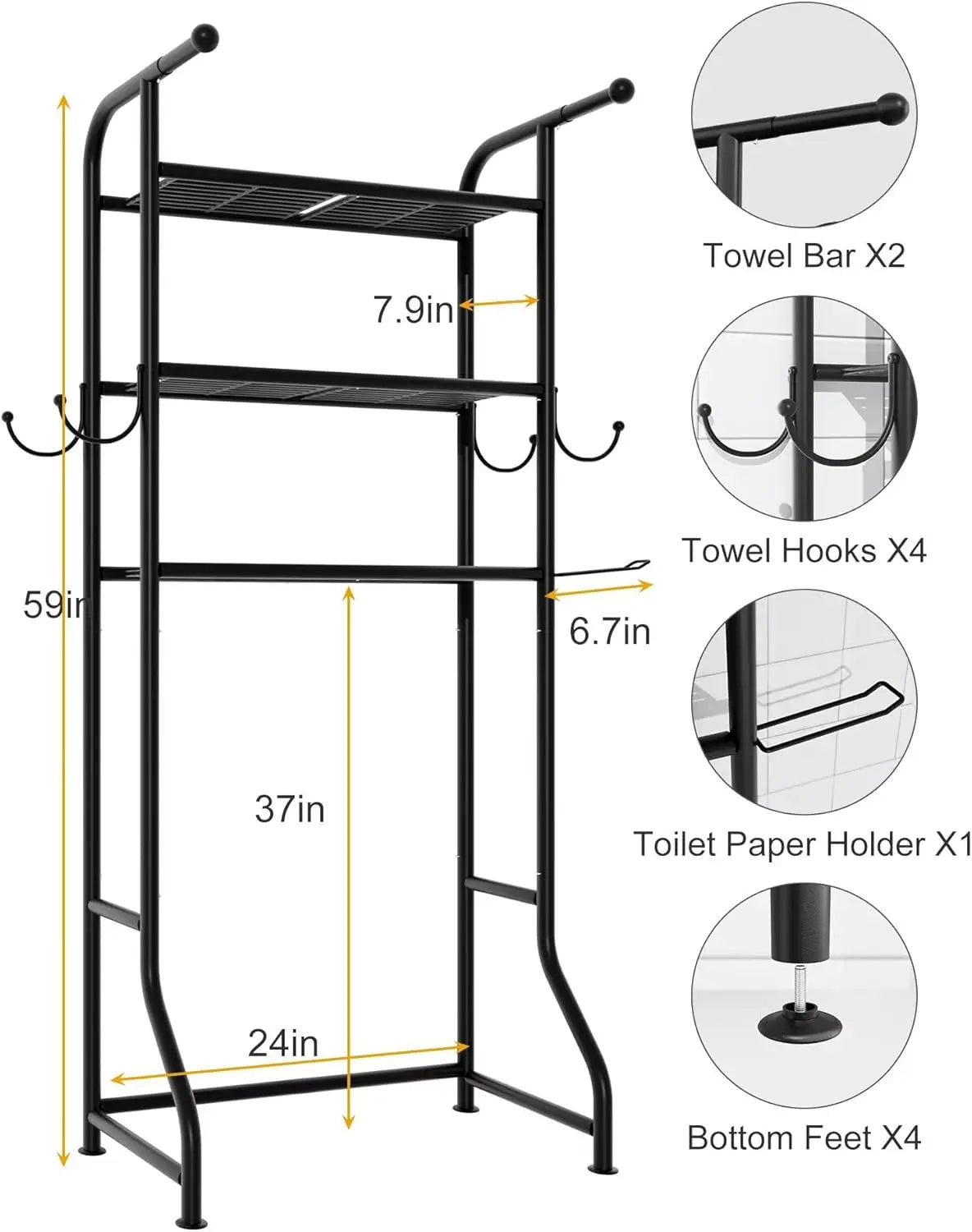 3-Tier Over The Toilet Storage Shelf With Hooks