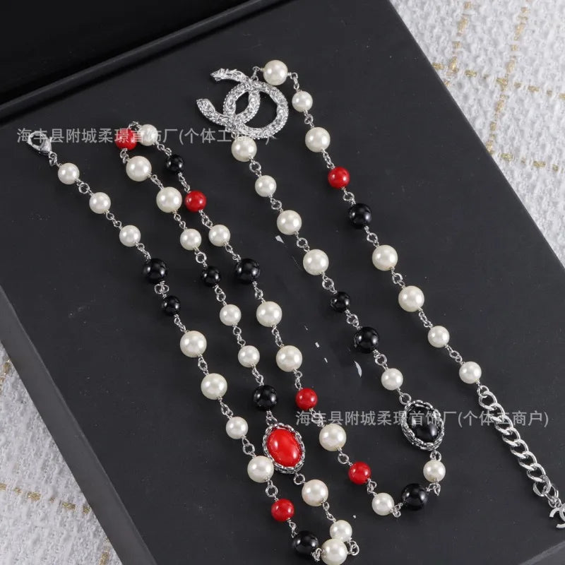 Double C Pearl Sweater Chain Small Fragrant Style High Version Peach Heart Long Tassel Necklace Women's High-end Accessories Wom