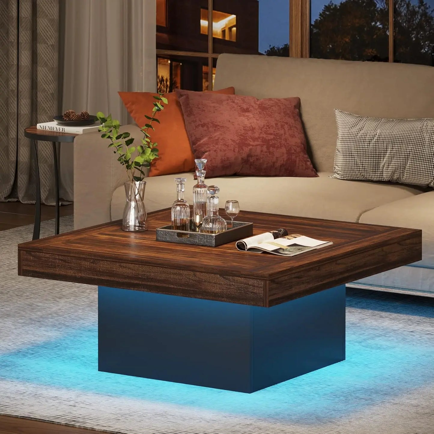 LED Square Coffee Table With Engineered Wood Modern Living Room