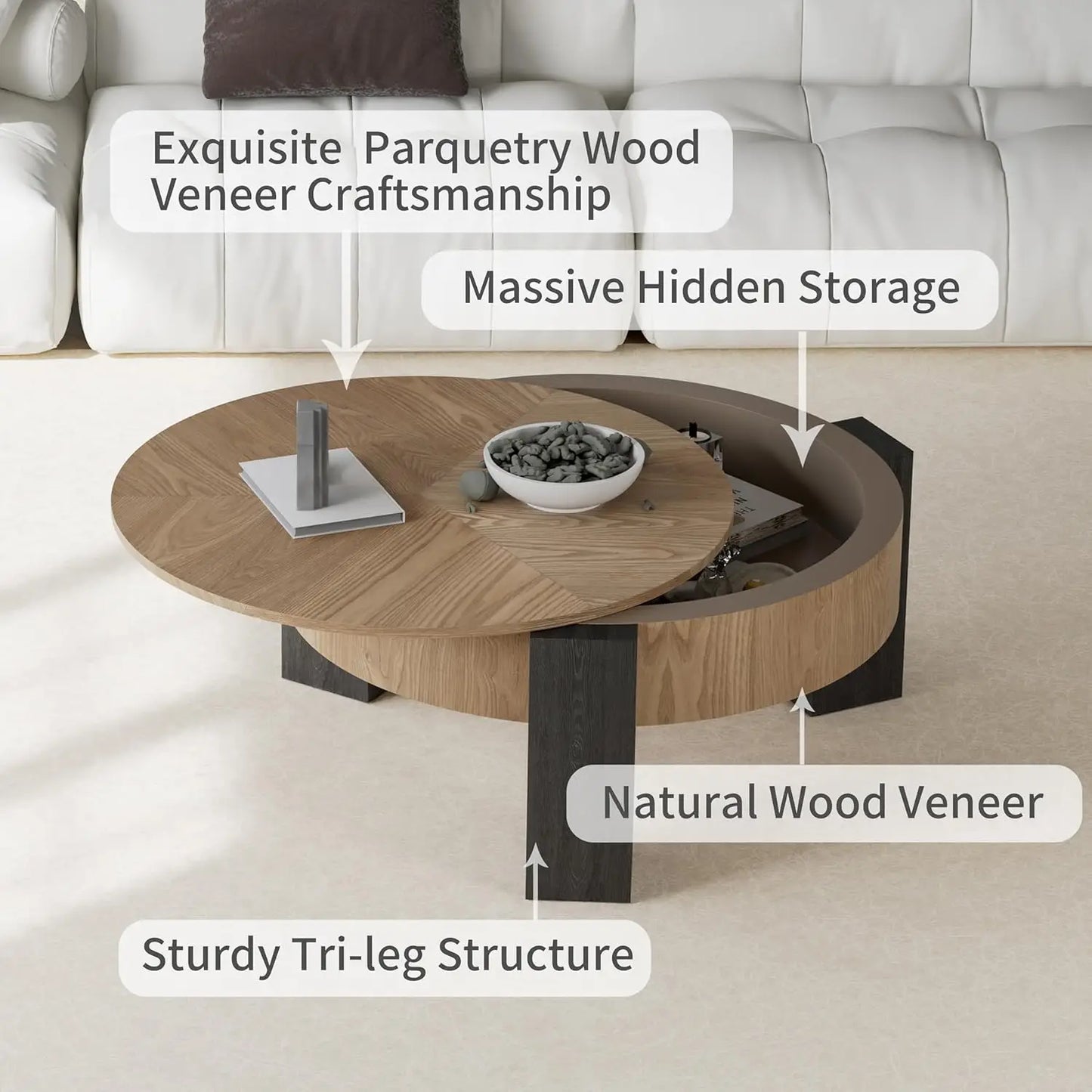 Folded Round Coffee Table With Hidden Storage And 3 Block Legs
