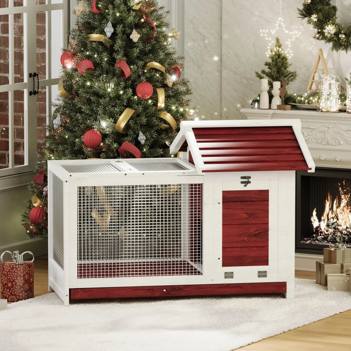 34'' Outdoor Wooden Rabbit Hutch, Large Rabbit Cage with Nesting Box Hen House Poultry Cage with Openable Roof for Small Animals