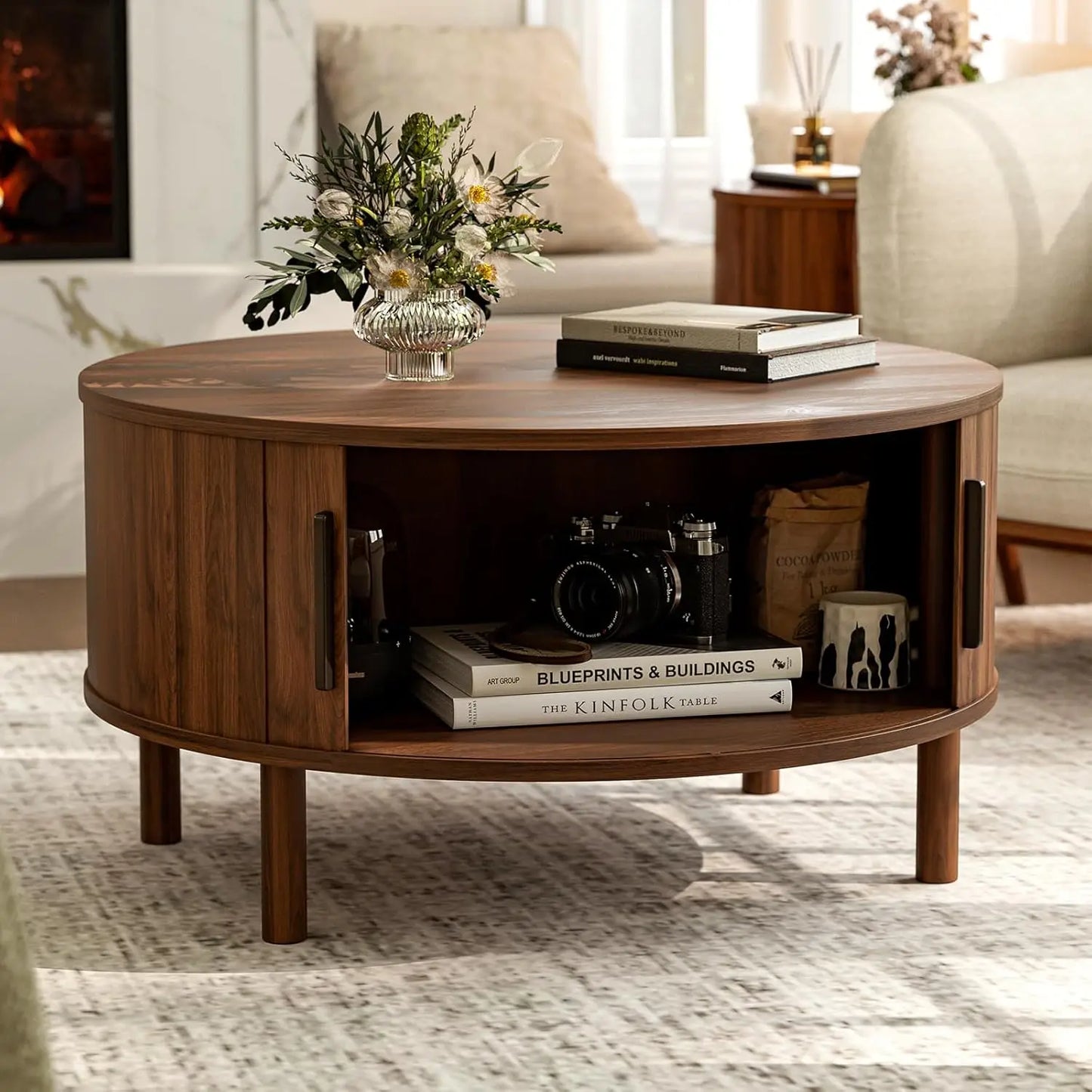 Round Coffee Table With Cabinets And Sliding Doors Living Room