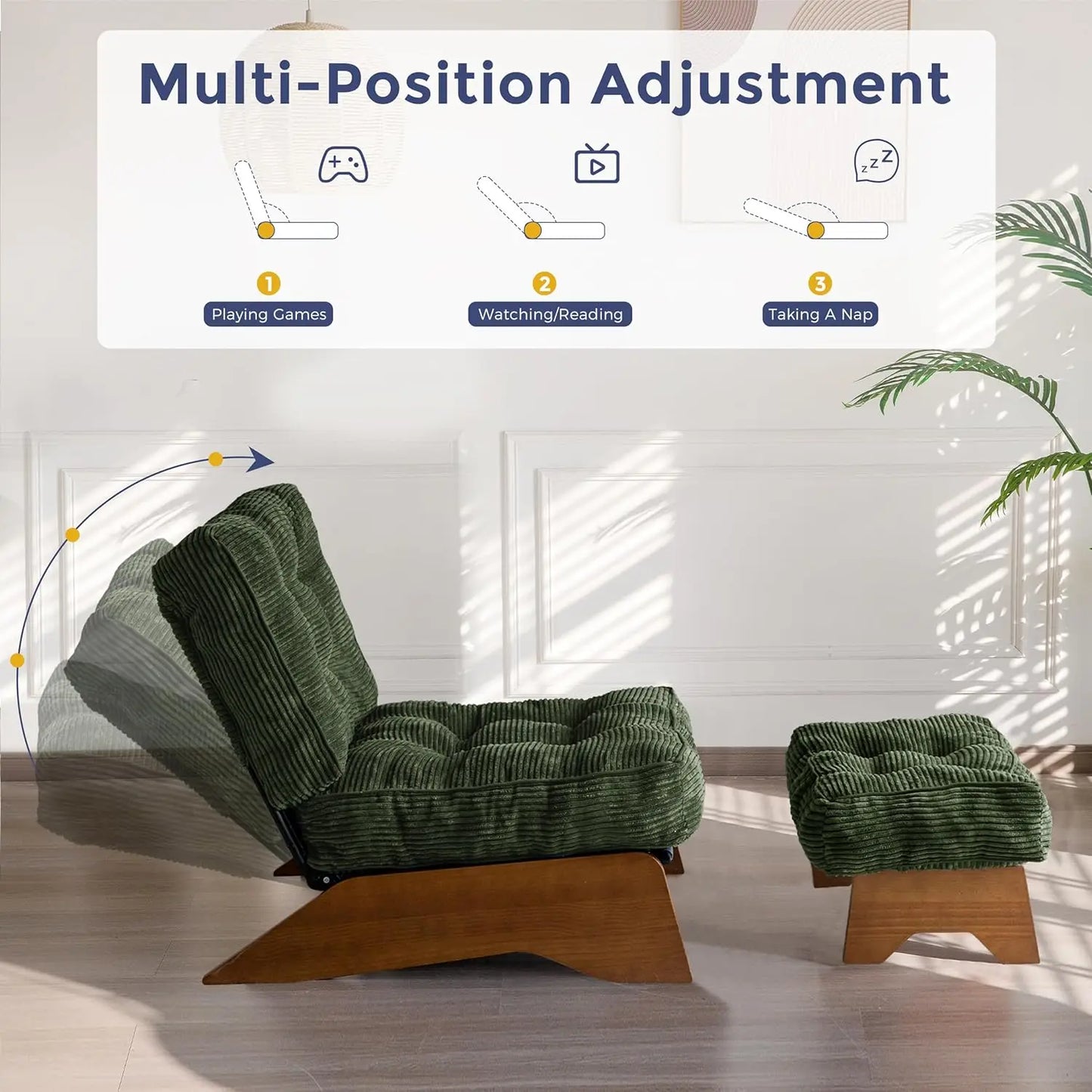 Accent Chair With Ottoman Adjustable Backrest Tufted Upholstered Lounge Footrest