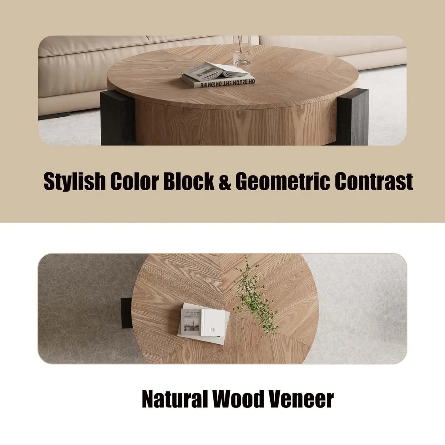 Folded Round Coffee Table With Hidden Storage And 3 Block Legs