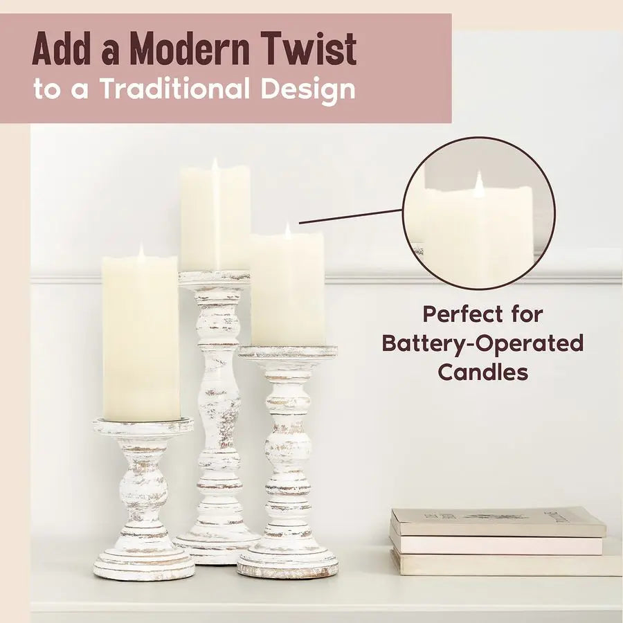 Rustic Farmhouse Pillar Candle Holders Set For Table Centerpieces Decor