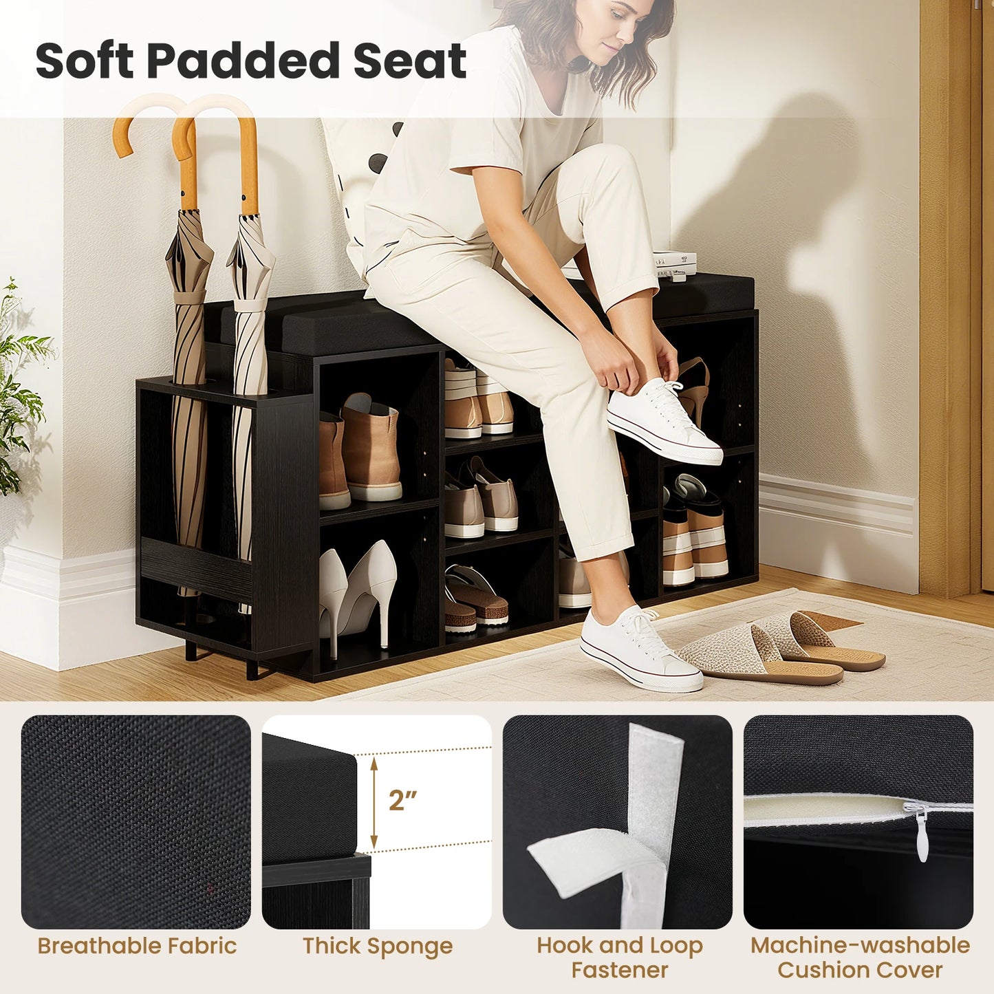HOMASIS Shoe Storage Bench With Umbrella Stand And Padded Seat